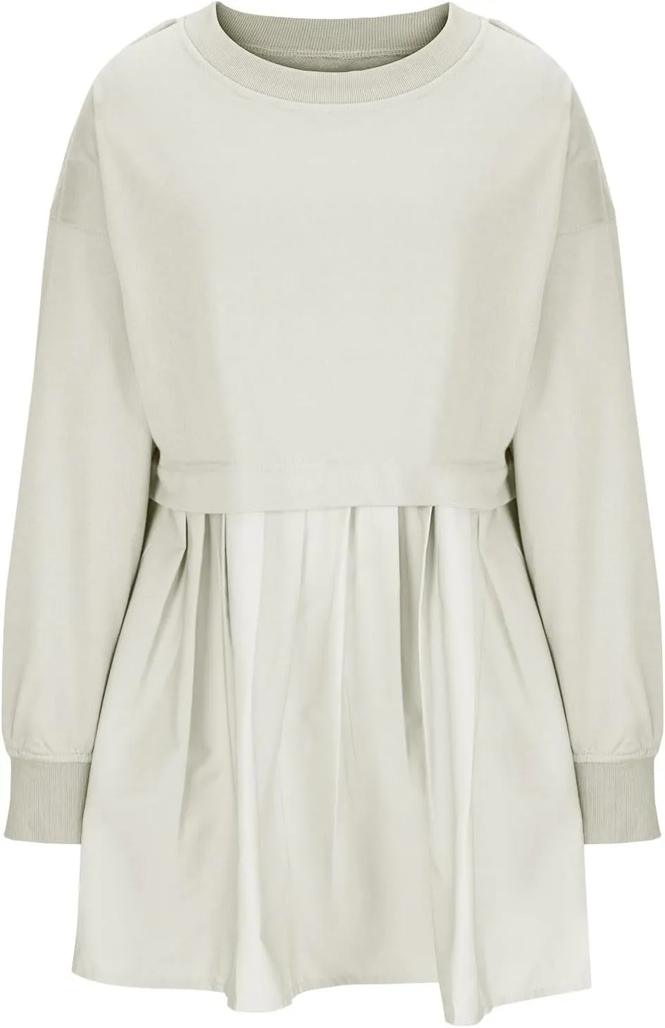 Oversized Sweatshirt Dress for Women Long Sleeve Patchwork Crewneck Pullover Loose Flowy Pleated Tops Mini Dress