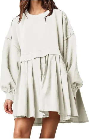 Oversized Sweatshirt Dress for Women Long Sleeve Patchwork Crewneck Pullover Loose Flowy Pleated Tops Mini Dress