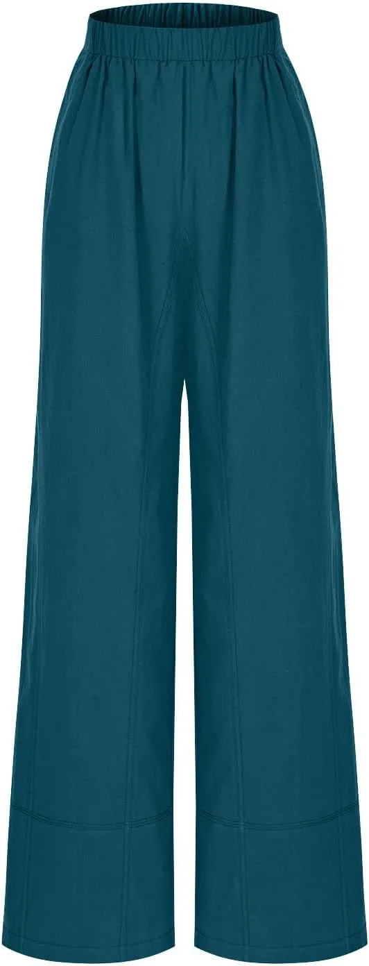Palazzo Pants for Women Casual Elastic High Waist Straight Leg Pant Summer Cotton Linen Boho Trousers with Pockets