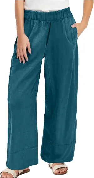 Palazzo Pants for Women Casual Elastic High Waist Straight Leg Pant Summer Cotton Linen Boho Trousers with Pockets