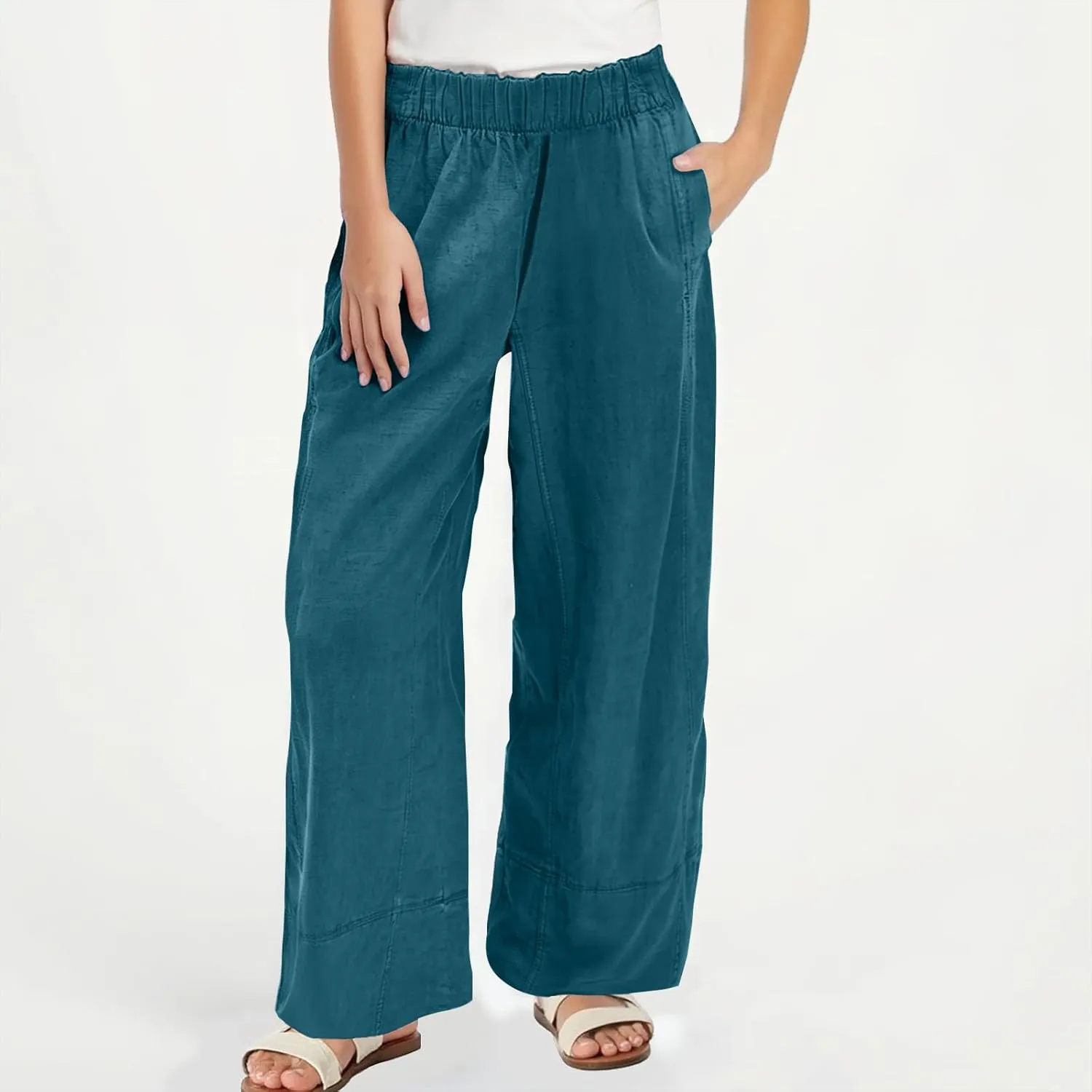 Palazzo Pants for Women Casual Elastic High Waist Straight Leg Pant Summer Cotton Linen Boho Trousers with Pockets