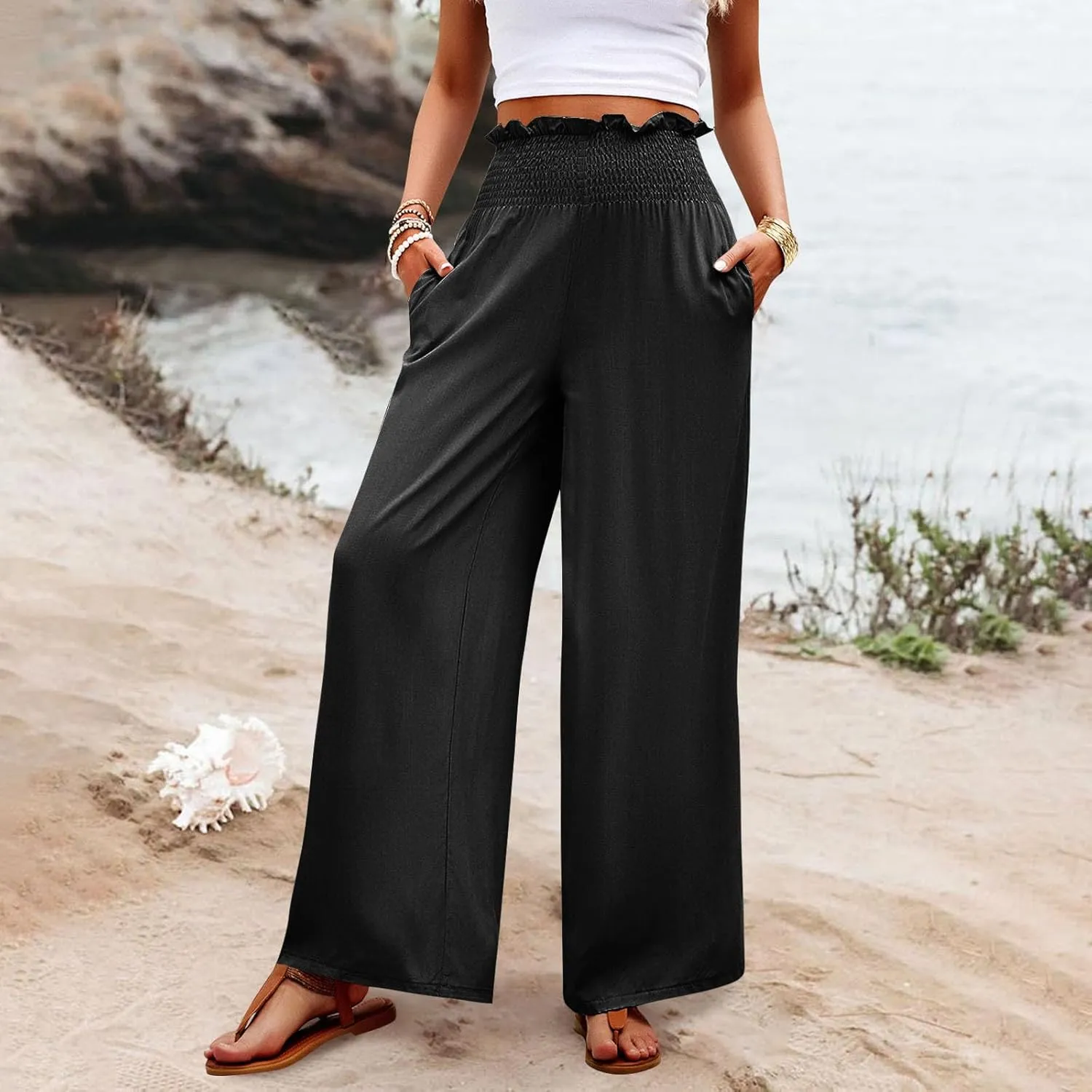 Palazzo Pants for Women Cotton Linen High Rise Summer Loose Pants Trendy Button Palazzo Pockets Solid Trousers Trendy