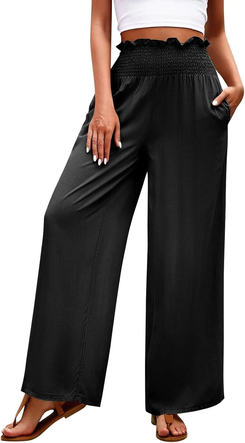 Palazzo Pants for Women Cotton Linen High Rise Summer Loose Pants Trendy Button Palazzo Pockets Solid Trousers Trendy