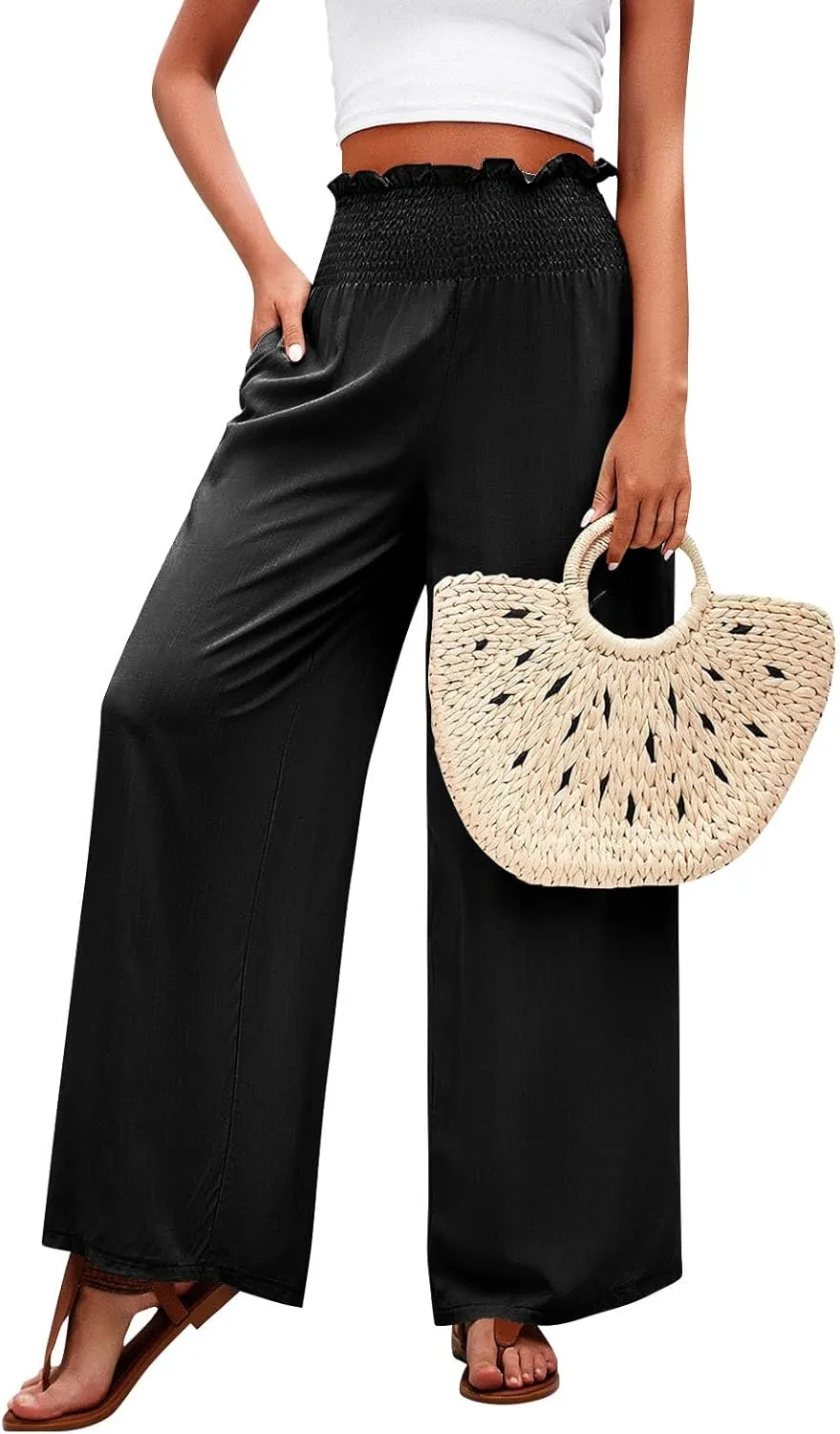 Palazzo Pants for Women Cotton Linen High Rise Summer Loose Pants Trendy Button Palazzo Pockets Solid Trousers Trendy