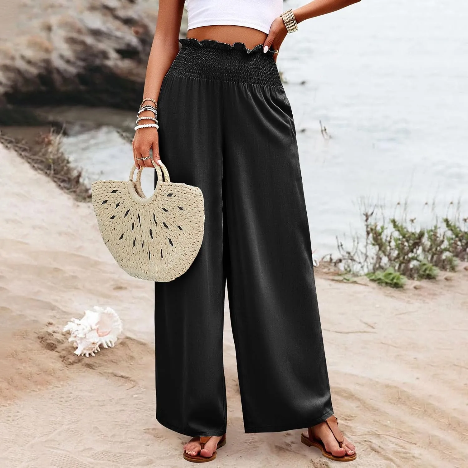 Palazzo Pants for Women Cotton Linen High Rise Summer Loose Pants Trendy Button Palazzo Pockets Solid Trousers Trendy