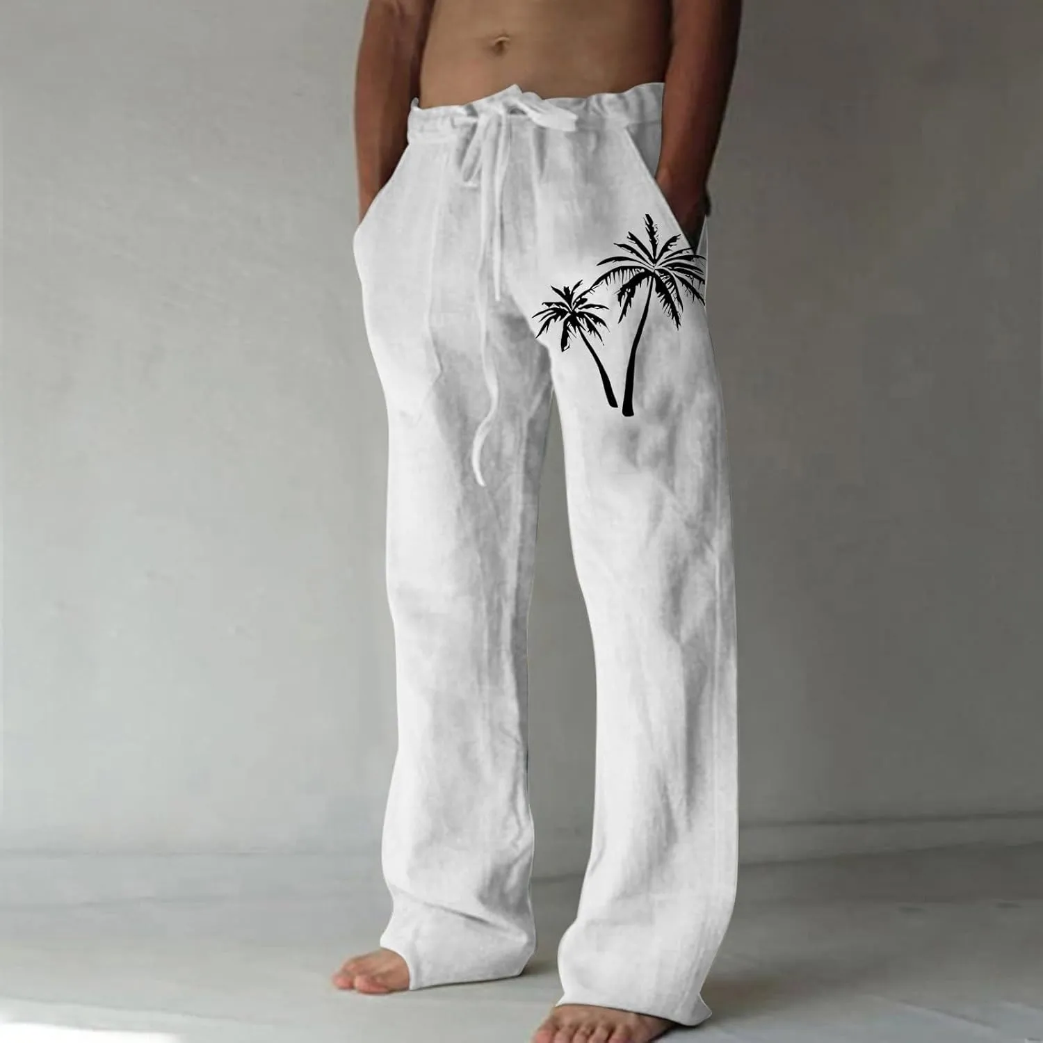 Palm Tree Print Cotton Linen Pants for Mens Slim Fit Straight-Leg Beach Pant Summer Casual Drawstring Trousers