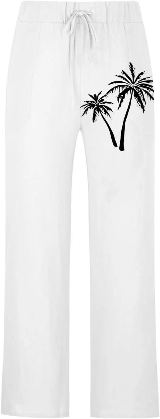 Palm Tree Print Cotton Linen Pants for Mens Slim Fit Straight-Leg Beach Pant Summer Casual Drawstring Trousers