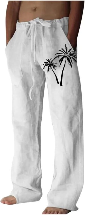 Palm Tree Print Cotton Linen Pants for Mens Slim Fit Straight-Leg Beach Pant Summer Casual Drawstring Trousers