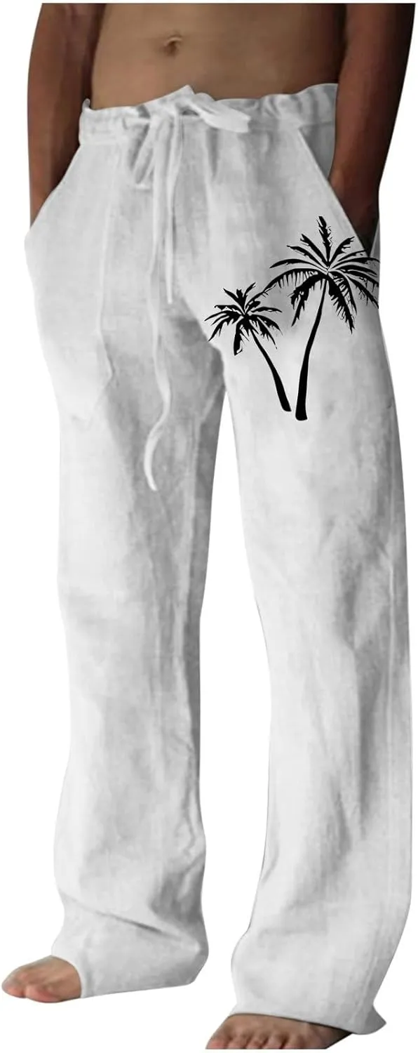 Palm Tree Print Cotton Linen Pants for Mens Slim Fit Straight-Leg Beach Pant Summer Casual Drawstring Trousers