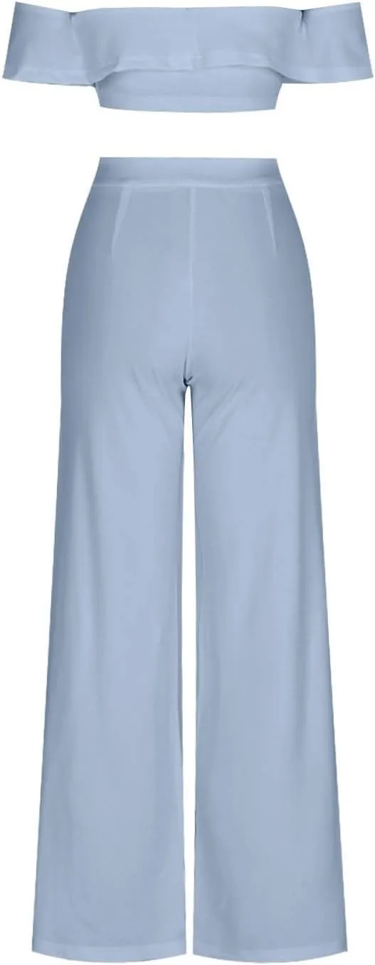 Pant Suits for Women Trendy Off Shoulder Crop Top and High Waist Dressy Trousers Casual 2 Piece Outfits Work Sets