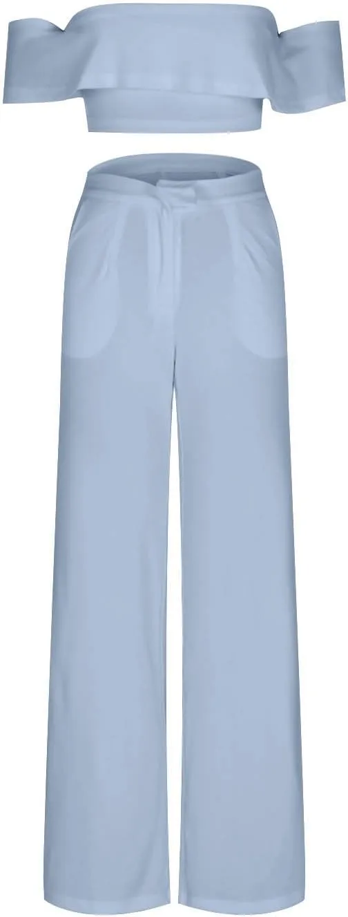 Pant Suits for Women Trendy Off Shoulder Crop Top and High Waist Dressy Trousers Casual 2 Piece Outfits Work Sets