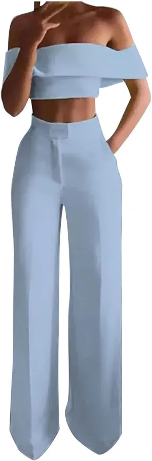 Pant Suits for Women Trendy Off Shoulder Crop Top and High Waist Dressy Trousers Casual 2 Piece Outfits Work Sets