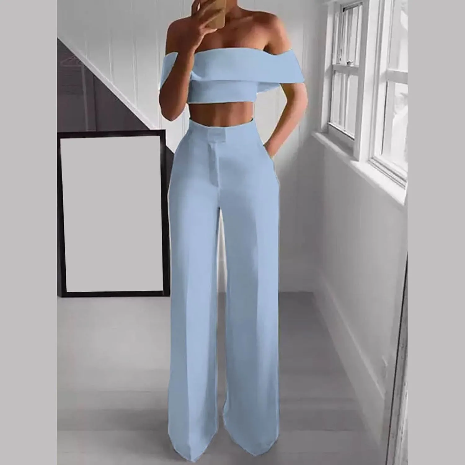 Pant Suits for Women Trendy Off Shoulder Crop Top and High Waist Dressy Trousers Casual 2 Piece Outfits Work Sets