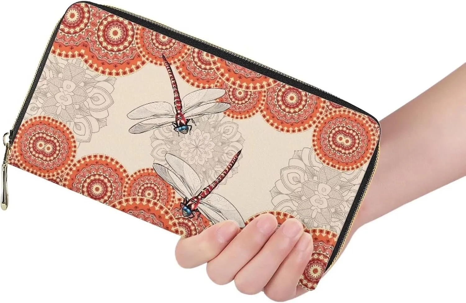 Pensura Dragonfly Print Wallet Large Leather Card Holder Organizer Boho Mandala Style Zip Around Wallets Long Ladies Travel Clutch Phone Purse for Women