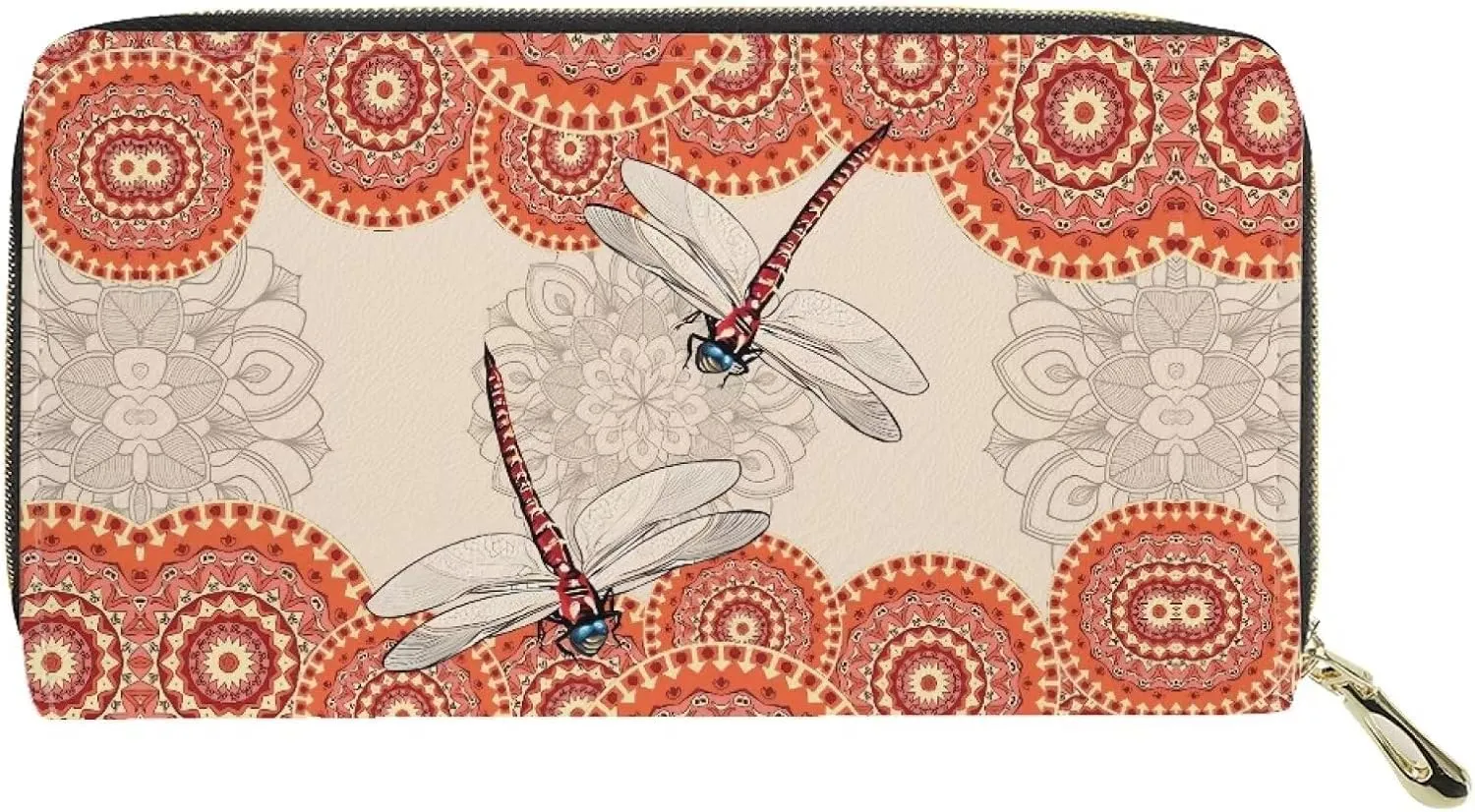 Pensura Dragonfly Print Wallet Large Leather Card Holder Organizer Boho Mandala Style Zip Around Wallets Long Ladies Travel Clutch Phone Purse for Women