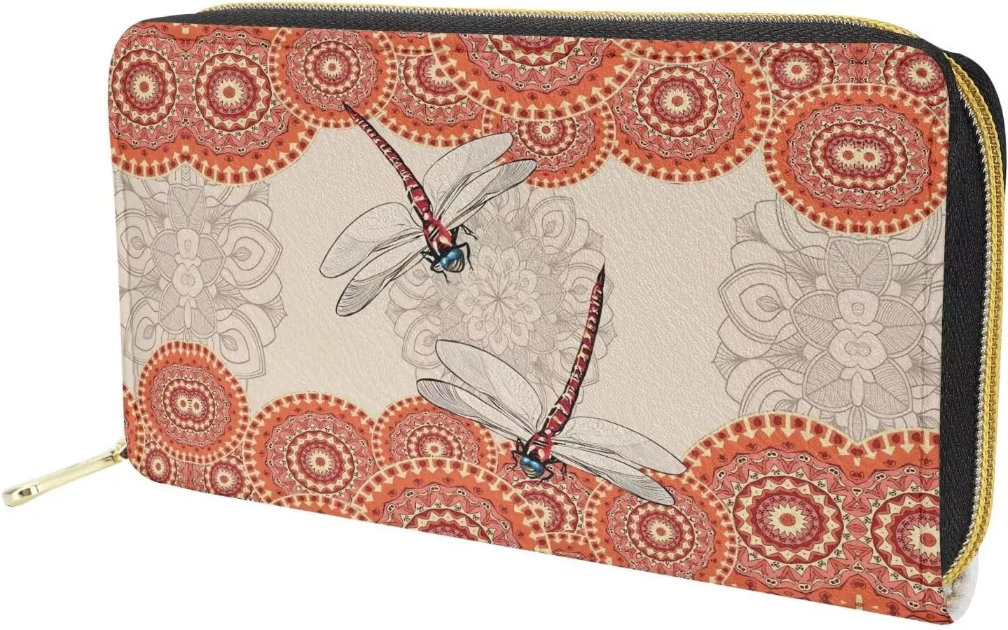 Pensura Dragonfly Print Wallet Large Leather Card Holder Organizer Boho Mandala Style Zip Around Wallets Long Ladies Travel Clutch Phone Purse for Women