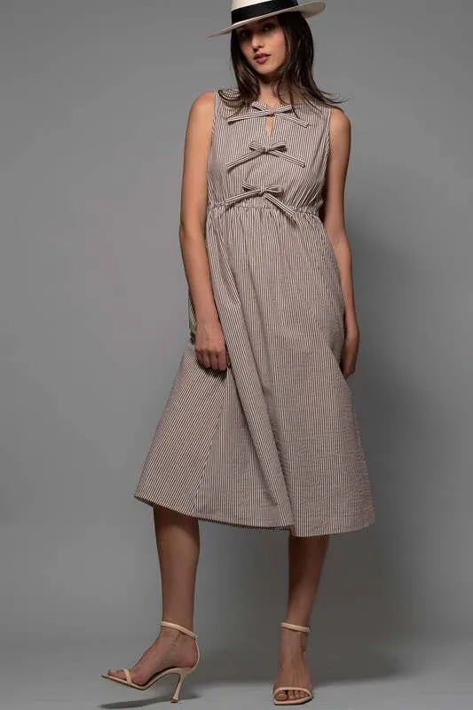 Pinstripe Tie Front Scrunched Waist Maxi Dress