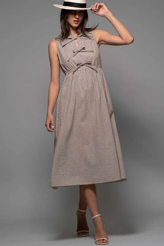 Pinstripe Tie Front Scrunched Waist Maxi Dress