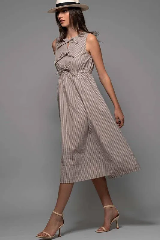 Pinstripe Tie Front Scrunched Waist Maxi Dress