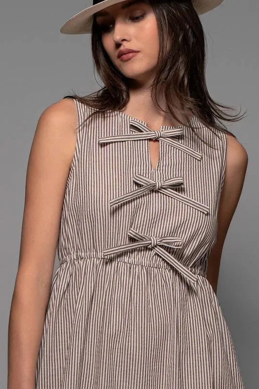 Pinstripe Tie Front Scrunched Waist Maxi Dress