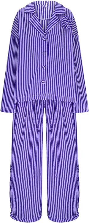 Plus Size Womens Pajama Sets 2 Piece Sleepwear Pjs Set Long Sleeve Button Down Top and Pants Stripe Loungewear Sets