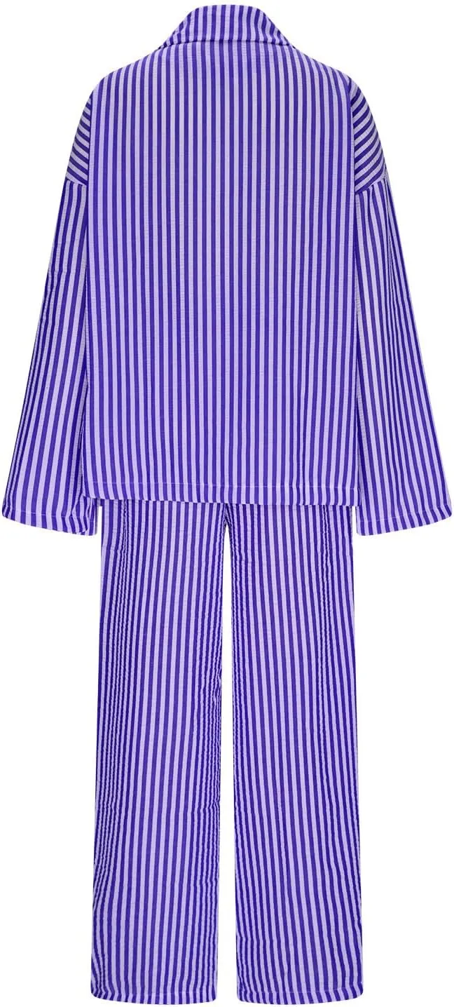 Plus Size Womens Pajama Sets 2 Piece Sleepwear Pjs Set Long Sleeve Button Down Top and Pants Stripe Loungewear Sets