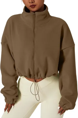 QINSEN Women's Full Zip Fleece Short Jacket Warm Winter Long Sleeve Stand Collar Sherpa Crop Coat