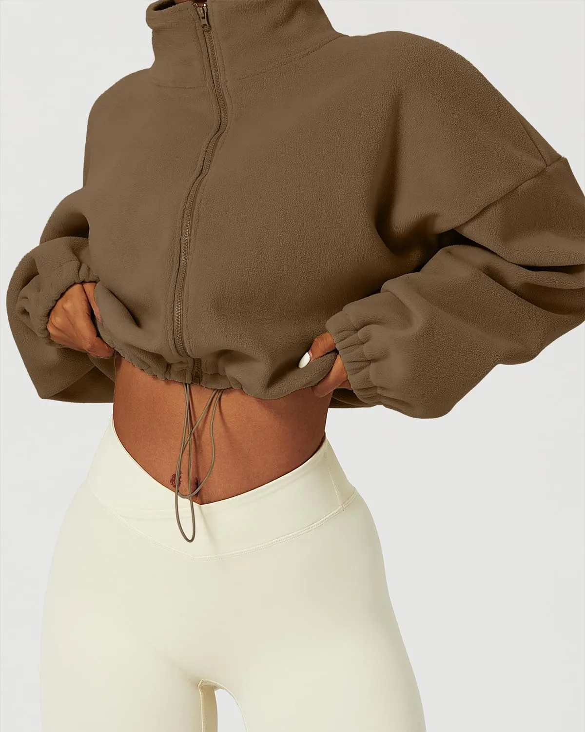 QINSEN Women's Full Zip Fleece Short Jacket Warm Winter Long Sleeve Stand Collar Sherpa Crop Coat