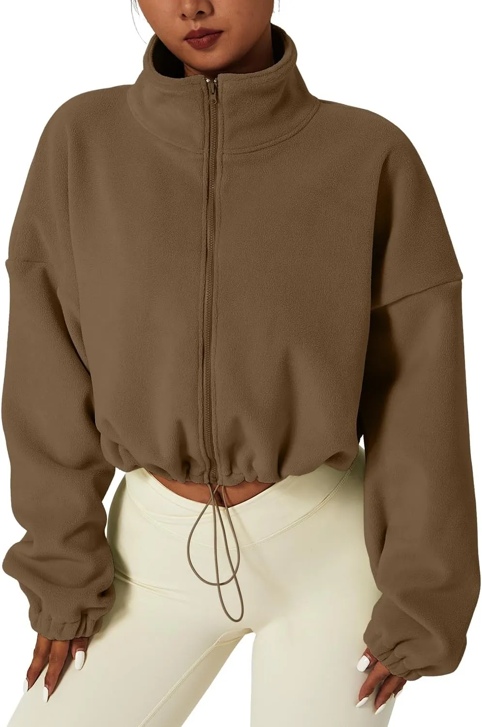 QINSEN Women's Full Zip Fleece Short Jacket Warm Winter Long Sleeve Stand Collar Sherpa Crop Coat