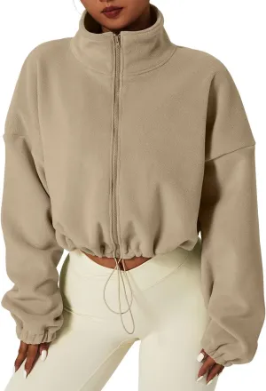 QINSEN Women's Full Zip Fleece Short Jacket Warm Winter Long Sleeve Stand Collar Sherpa Crop Coat