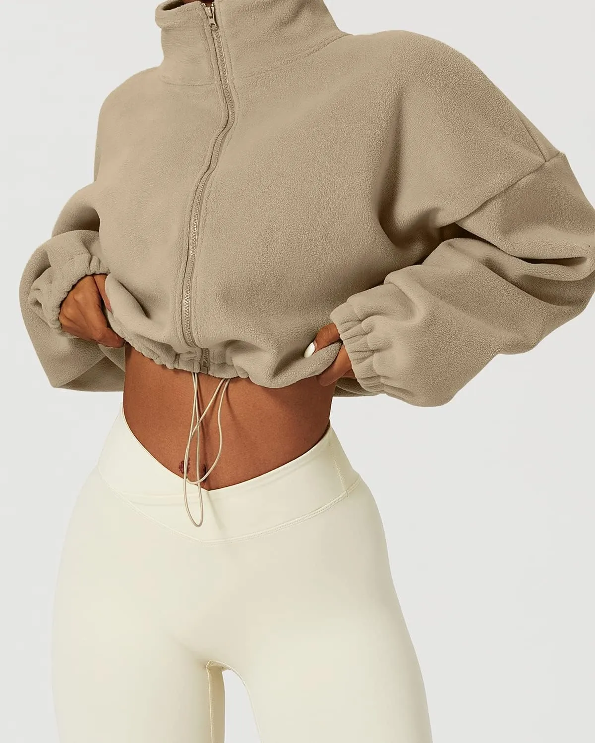 QINSEN Women's Full Zip Fleece Short Jacket Warm Winter Long Sleeve Stand Collar Sherpa Crop Coat