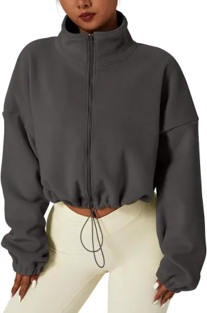 QINSEN Women's Full Zip Fleece Short Jacket Warm Winter Long Sleeve Stand Collar Sherpa Crop Coat