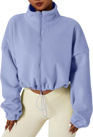 QINSEN Women's Full Zip Fleece Short Jacket Warm Winter Long Sleeve Stand Collar Sherpa Crop Coat
