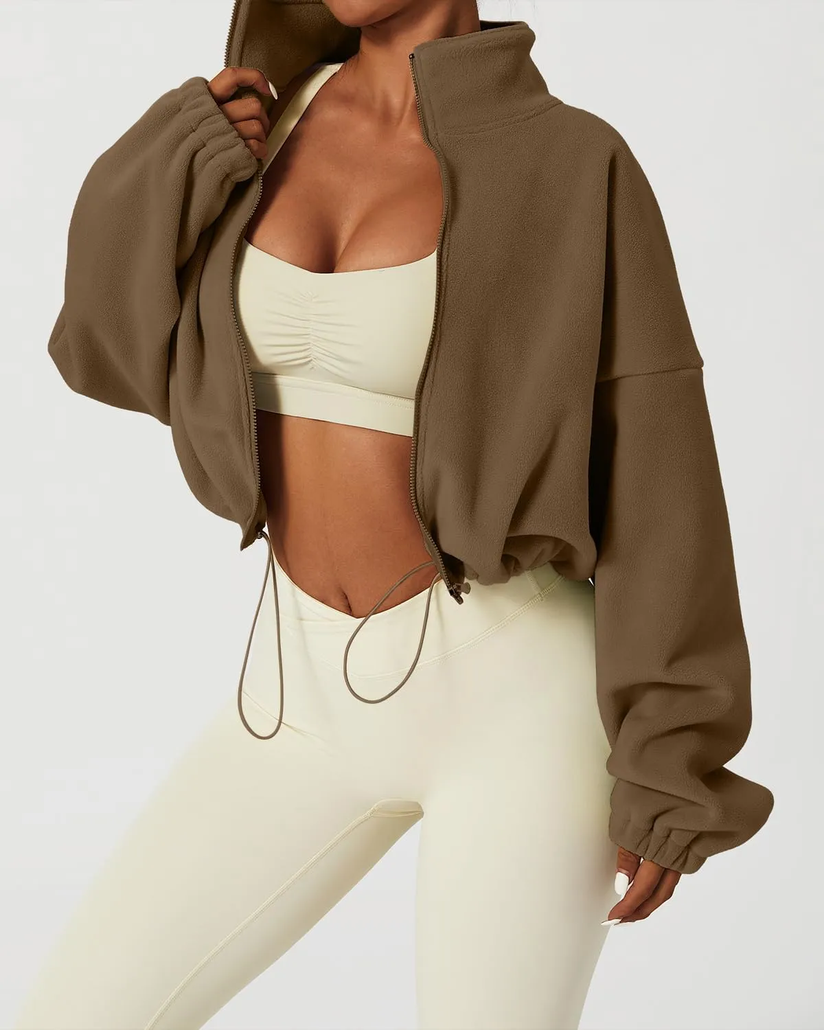 QINSEN Women's Full Zip Fleece Short Jacket Warm Winter Long Sleeve Stand Collar Sherpa Crop Coat