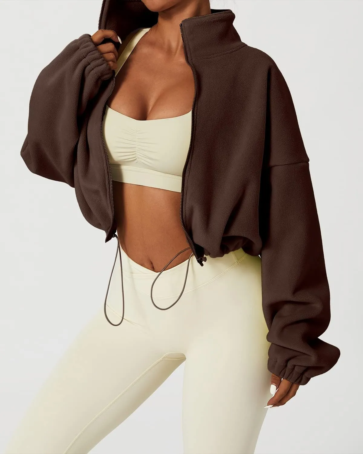 QINSEN Women's Full Zip Fleece Short Jacket Warm Winter Long Sleeve Stand Collar Sherpa Crop Coat