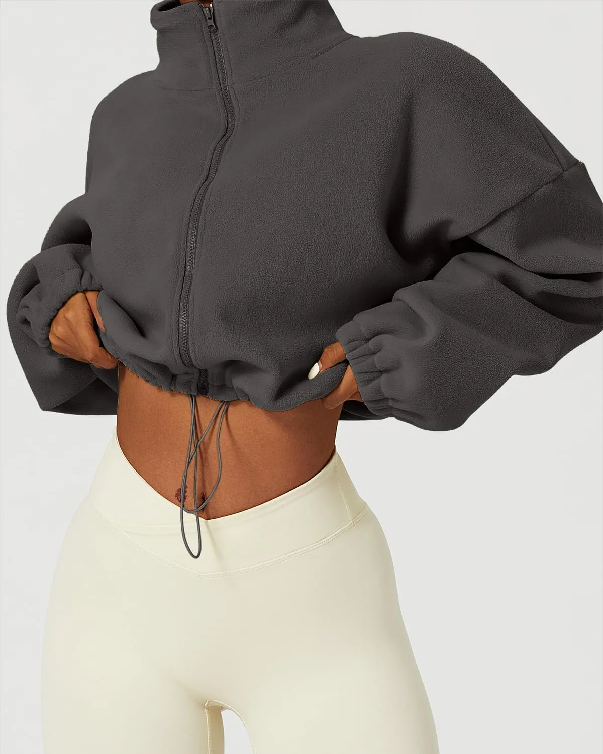 QINSEN Women's Full Zip Fleece Short Jacket Warm Winter Long Sleeve Stand Collar Sherpa Crop Coat