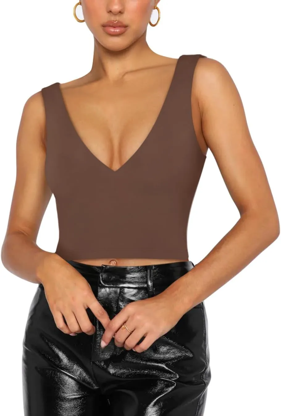 REORIA Butsmooth Womens Trendy Sexy Plunge Deep V Neck Sleeveless V Backless Slim Fit Going Out Crop Tank Tops