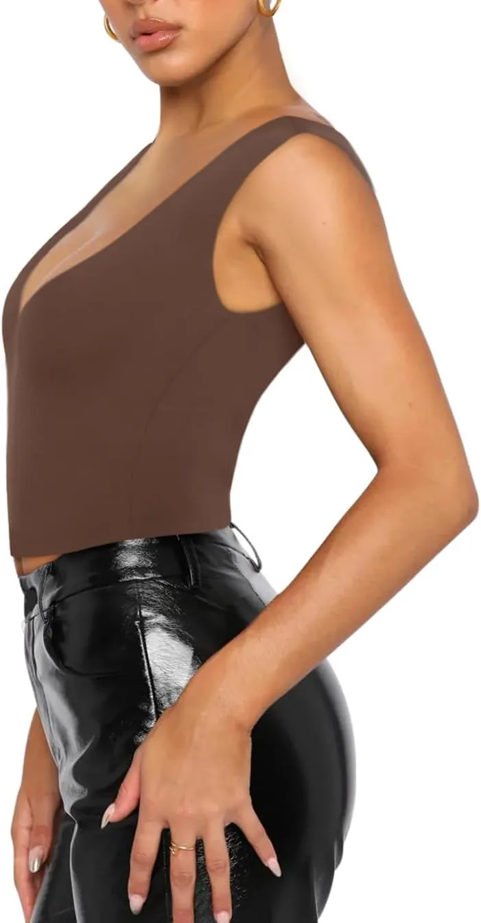REORIA Butsmooth Womens Trendy Sexy Plunge Deep V Neck Sleeveless V Backless Slim Fit Going Out Crop Tank Tops