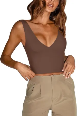 REORIA Butsmooth Womens Trendy Sexy Plunge Deep V Neck Sleeveless V Backless Slim Fit Going Out Crop Tank Tops