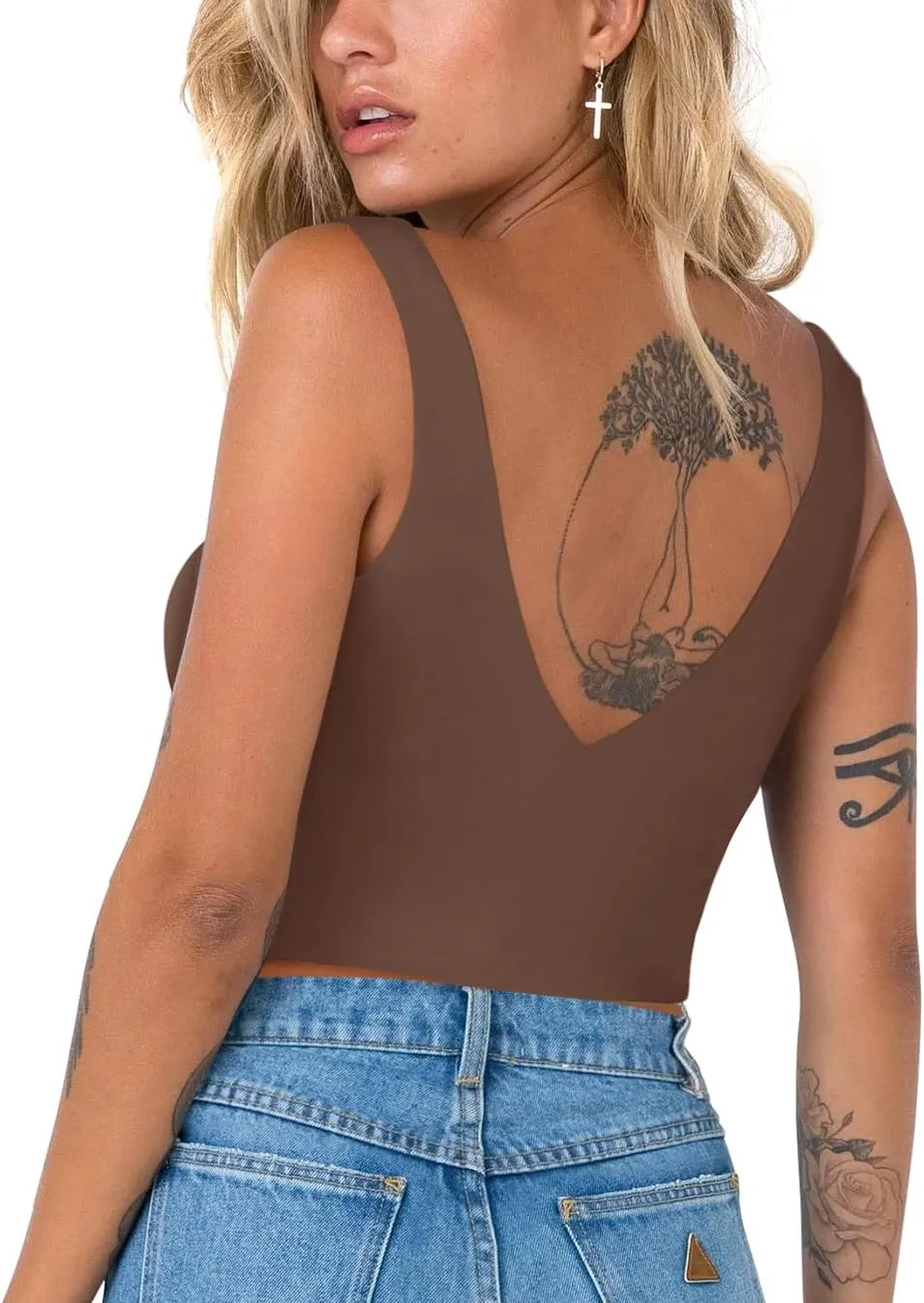 REORIA Butsmooth Womens Trendy Sexy Plunge Deep V Neck Sleeveless V Backless Slim Fit Going Out Crop Tank Tops