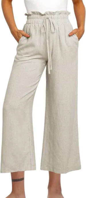 Ruffle High Waist Casual Pants for Women Solid Color Loose Wide Leg Trousers Lightweight Comfy Cotton and Linen Pants