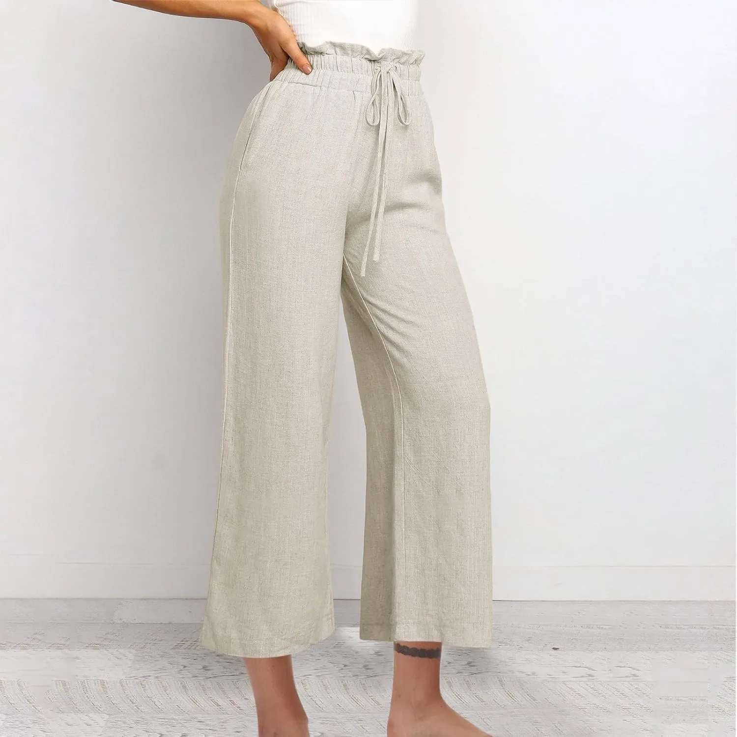 Ruffle High Waist Casual Pants for Women Solid Color Loose Wide Leg Trousers Lightweight Comfy Cotton and Linen Pants