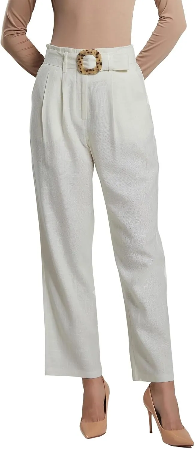 SANDY & SID Womens Pants Linen Crop High Rise *Small Size* Straight Leg Trousers Fabric Belt Business Office Work Casual Wear