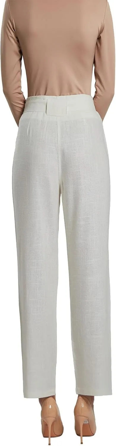 SANDY & SID Womens Pants Linen Crop High Rise *Small Size* Straight Leg Trousers Fabric Belt Business Office Work Casual Wear