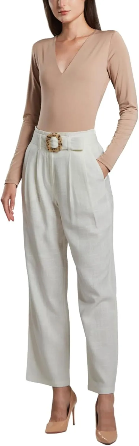 SANDY & SID Womens Pants Linen Crop High Rise *Small Size* Straight Leg Trousers Fabric Belt Business Office Work Casual Wear