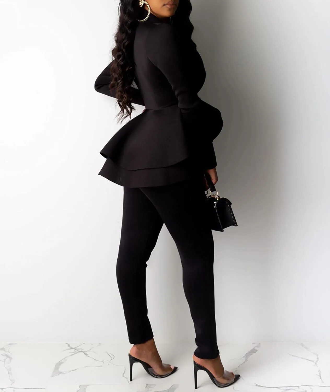 SEMATOMALA Women's Peplum Blazer Pencil Pant Set 2 Piece Casual Elegant Business Suit Solid Ruffle Jacket Bodycon Outfits