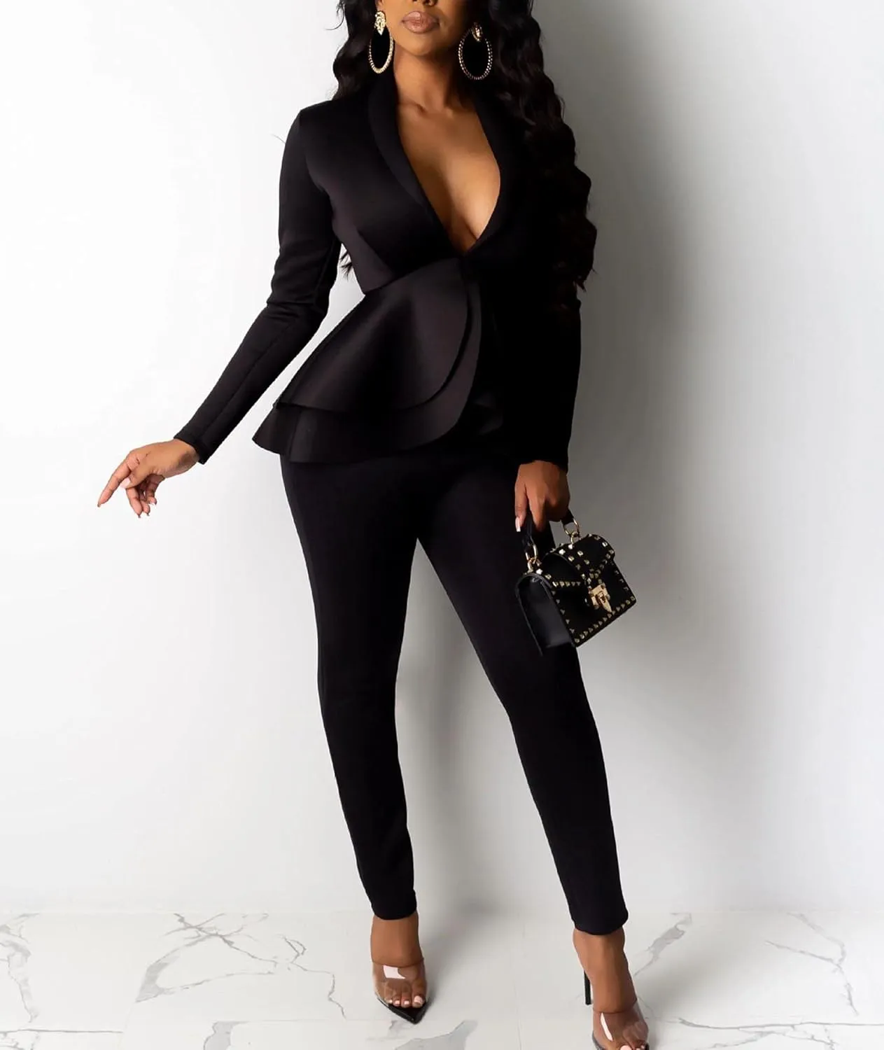 SEMATOMALA Women's Peplum Blazer Pencil Pant Set 2 Piece Casual Elegant Business Suit Solid Ruffle Jacket Bodycon Outfits