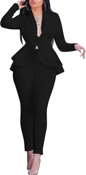 SEMATOMALA Women's Peplum Blazer Pencil Pant Set 2 Piece Casual Elegant Business Suit Solid Ruffle Jacket Bodycon Outfits