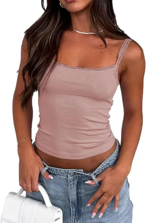 Sexy Lace Trim Tank Tops for Women Y2K Sleeveless Spaghetti Strap Slim Fit Basic Cami Shirts Going Out Camisole