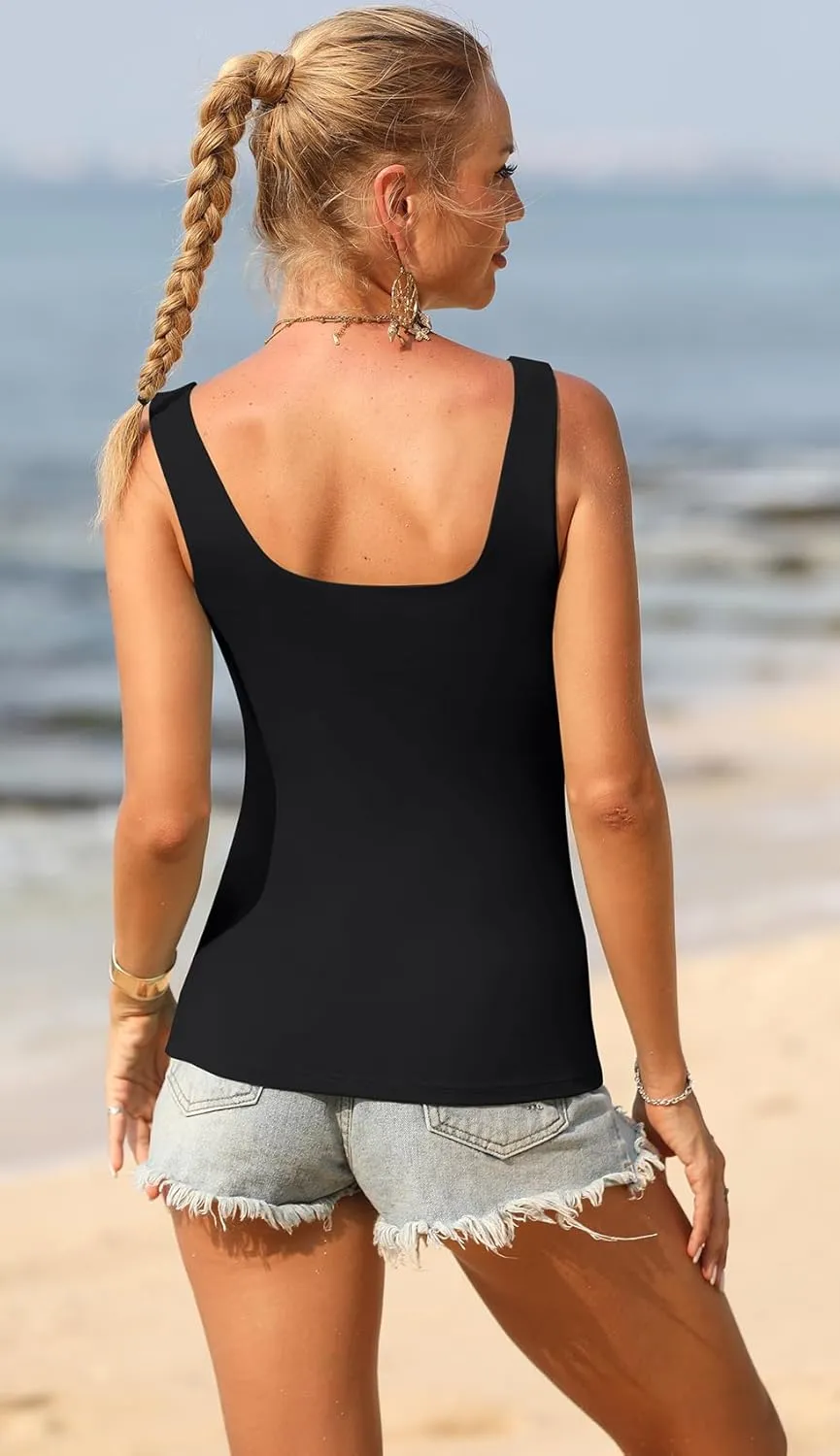Sherosa Womens Square Neck Double Lined Tank Tops Seamless Basic Sleeveless Fitted Going Out Tank Top